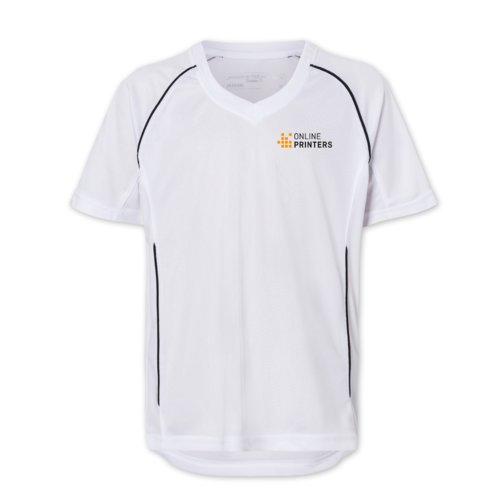 White polyester T-shirt with short sleeves.