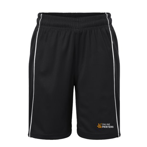 Black and white polyester children's shorts with elastic waistband.