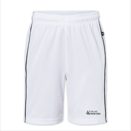 White polyester kids' sports shorts with elastic waistband.