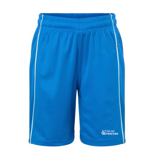 Royal blue polyester shorts with elastic waistband and white side stripes.