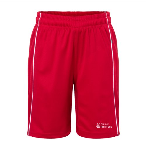 Red polyester shorts with elastic waistband and contrast side stripes.