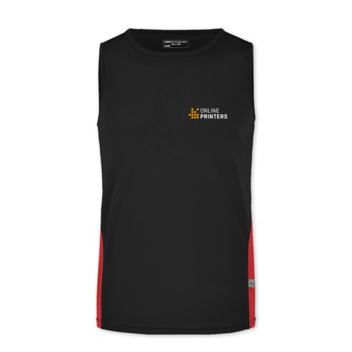 Black and red polyester tank top for men.