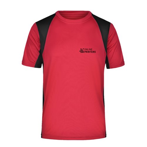 Red polyester t-shirt with short sleeves.
