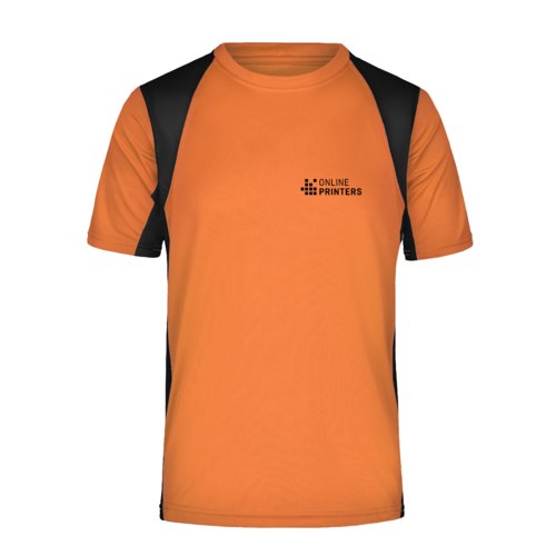 Orange polyester functional shirt for men with short sleeves.