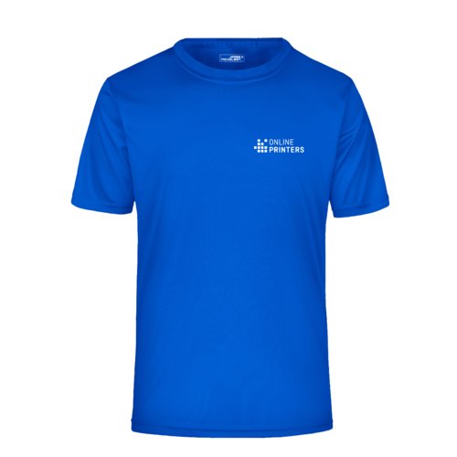 Royal blue polyester t-shirt with short sleeves.