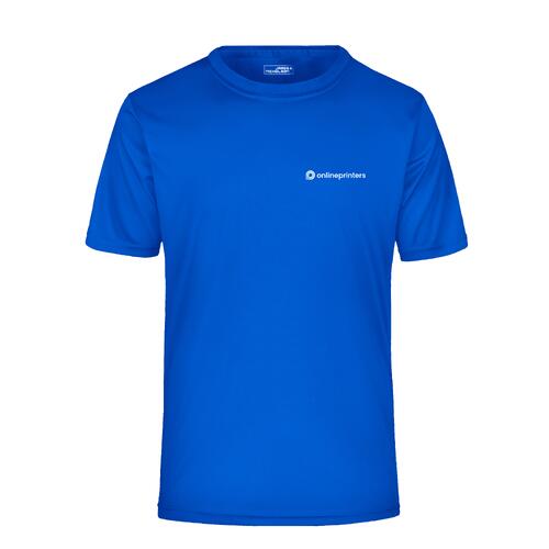 Royal blue polyester t-shirt with short sleeves.
