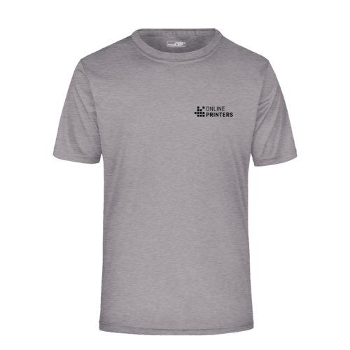 Heather gray polyester t-shirt with short sleeves.