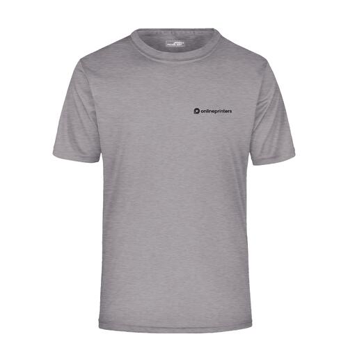 Heather gray polyester t-shirt with short sleeves.