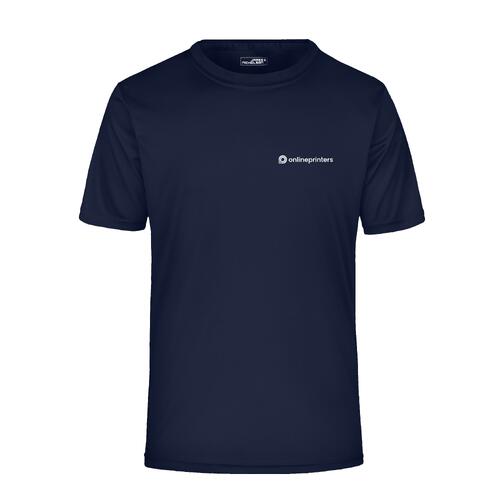 Black-blue polyester T-shirt for men with short sleeves.