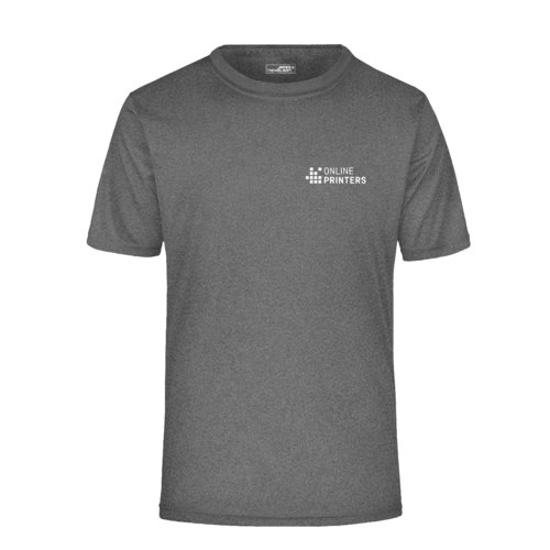 Dark grey heathered polyester t-shirt with short sleeves.