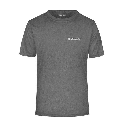 Dark grey heathered polyester t-shirt with short sleeves.