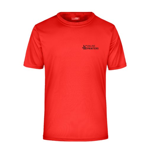 Red polyester T-shirt with short sleeves.