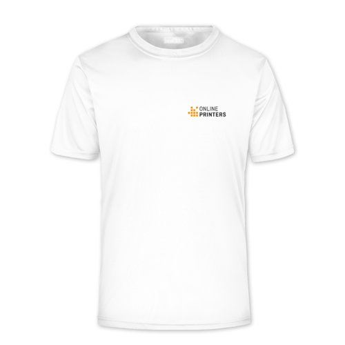 White polyester men's t-shirt with short sleeves.
