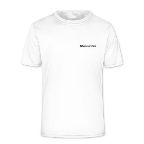 White polyester men's t-shirt with short sleeves.
