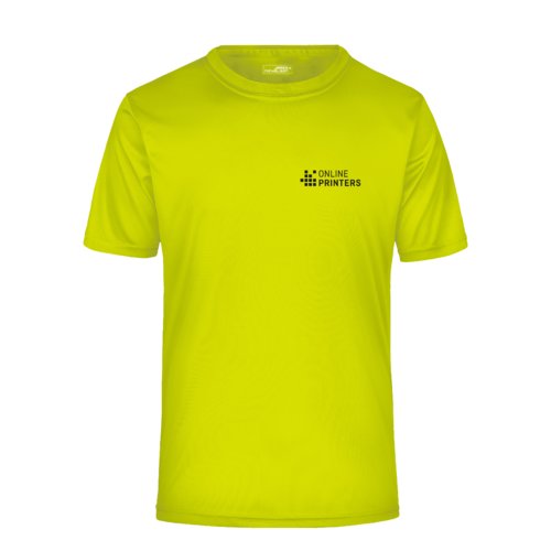 Yellow polyester T-shirt for men with short sleeves.