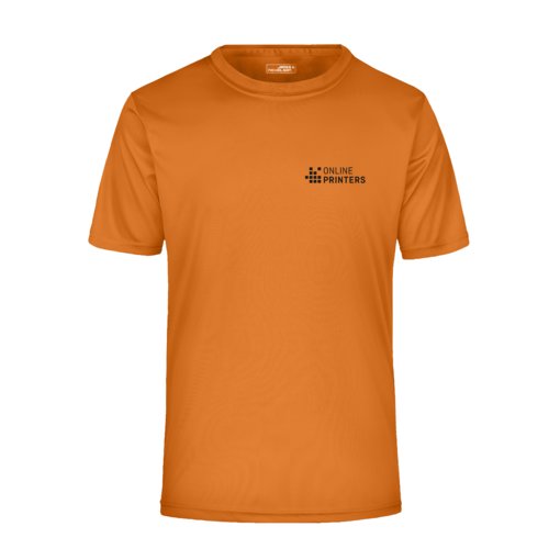 Orange polyester t-shirt with short sleeves.