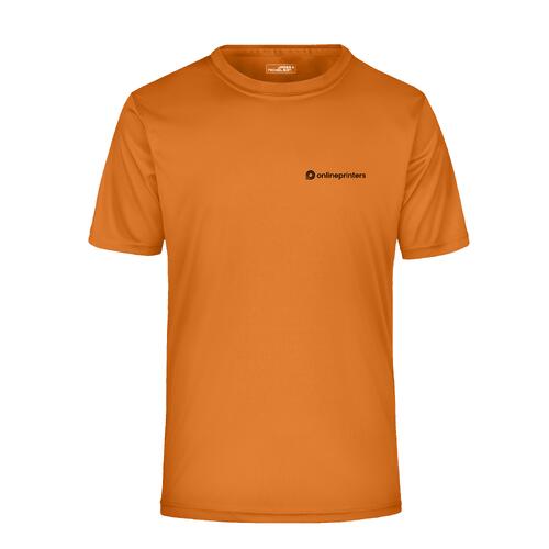 Orange polyester t-shirt with short sleeves.