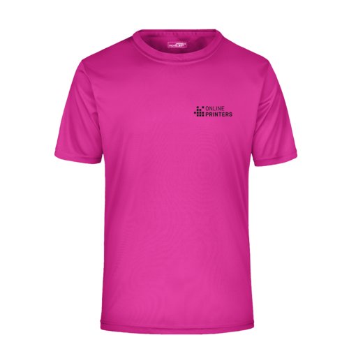 Pink polyester T-shirt with short sleeves.