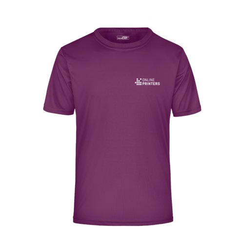 Violet polyester men's T-shirt with short sleeves.