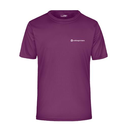 Violet polyester men's T-shirt with short sleeves.