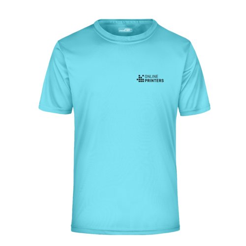 Turquoise polyester men's t-shirt with short sleeves.