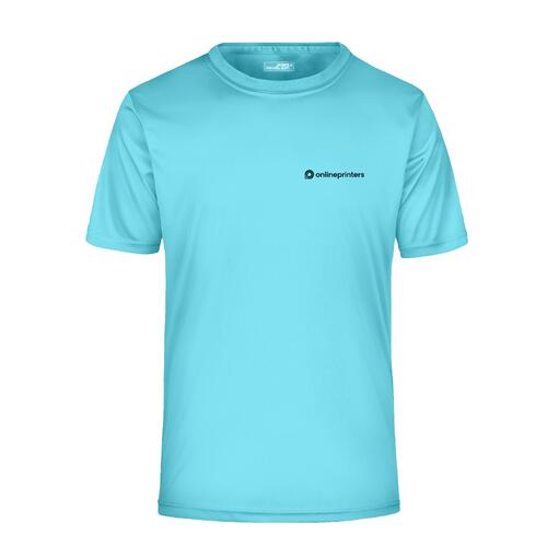 Turquoise polyester men's t-shirt with short sleeves.