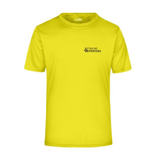 Neon yellow polyester men's t-shirt with short sleeves.