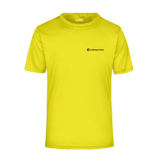 Neon yellow polyester men's t-shirt with short sleeves.