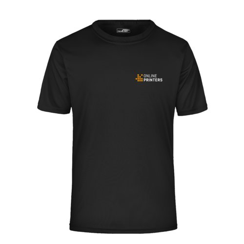 Black polyester t-shirt with short sleeves for men.