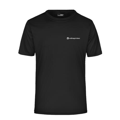 Black polyester t-shirt with short sleeves for men.