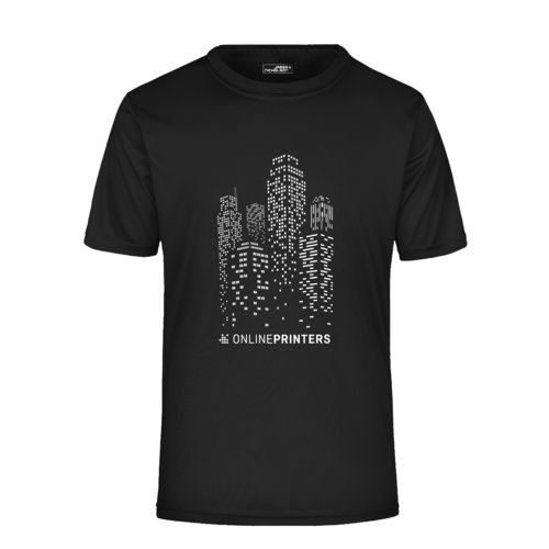 Black polyester T-shirt with short sleeves.