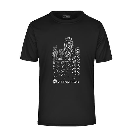 Black polyester T-shirt with short sleeves.