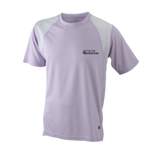 Purple/White polyester running shirt for men with short sleeves.