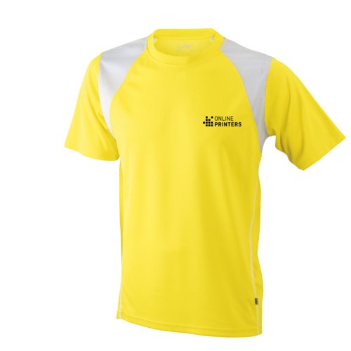 Yellow polyester running shirt for men with short sleeves.