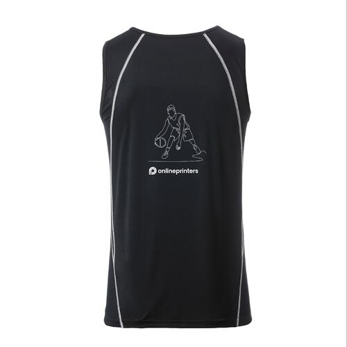 Black and white polyester sports tank top for men.