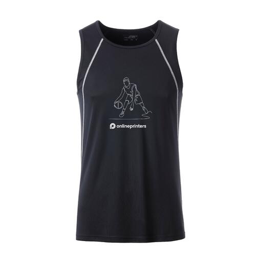 Black and white polyester men's tank top with a sporty cut.