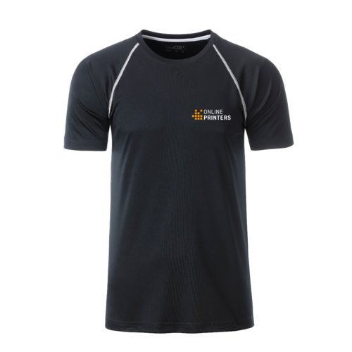 Black and white polyester T-shirt for men with short sleeves.