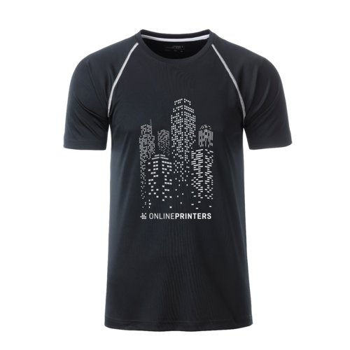 Black and white polyester sport t-shirt for men with short sleeves.