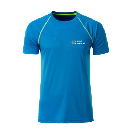 Blue polyester T-shirt with short sleeves.