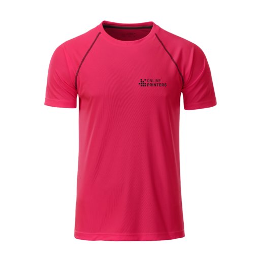 Neon pink/gray polyester T-shirt for men with short sleeves.