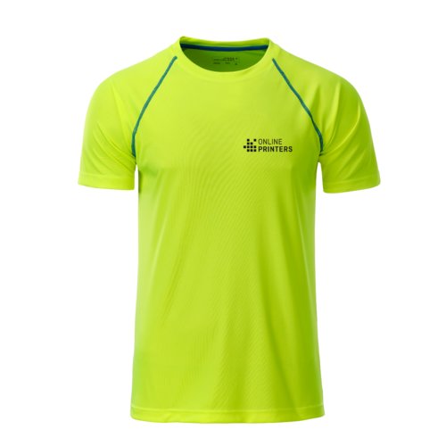 Neon yellow/blue polyester T-shirt for men with short sleeves.