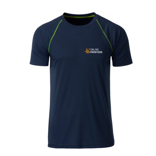 Navy polyester T-shirt for men with short sleeves.