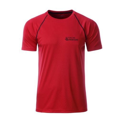 Red polyester T-shirt with short sleeves.
