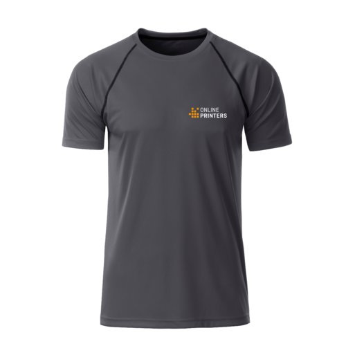 Dark gray polyester T-shirt for men with short sleeves.