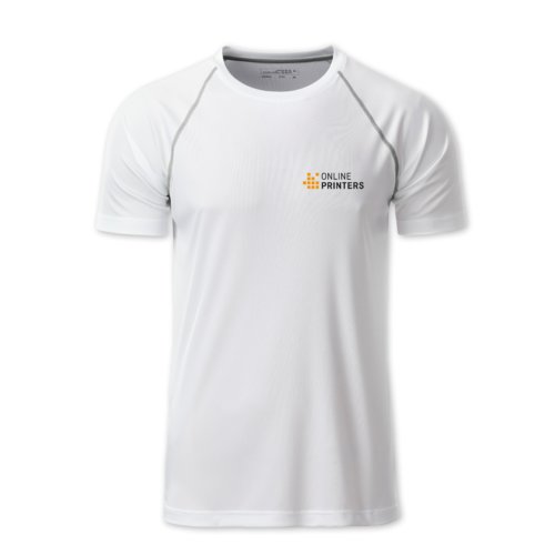 White polyester T-shirt for men with short sleeves.