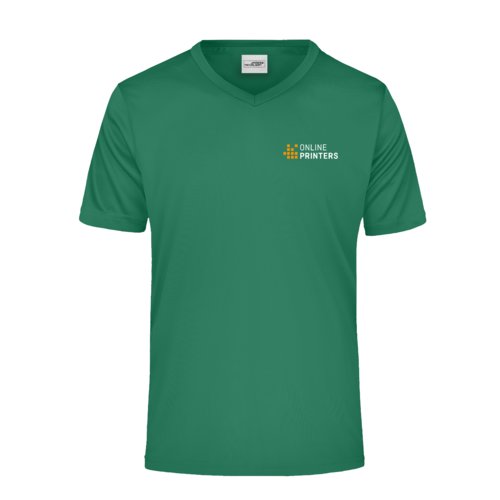 Green V-neck functional material T-shirt for men.