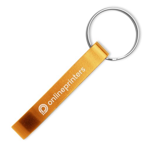Orange metal bottle opener with key ring.
