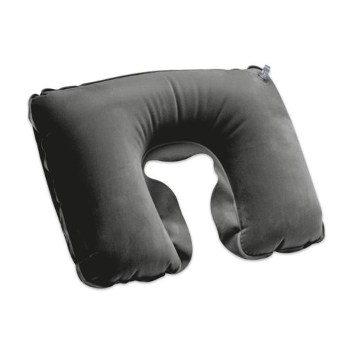Gray fabric neck pillow with inflatable design.