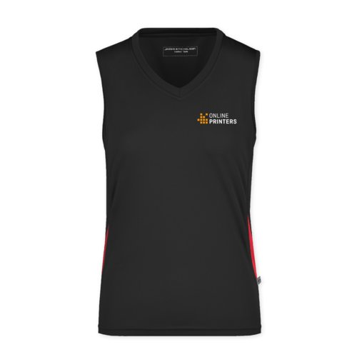 Black and red polyester tank top with V-neck for women.