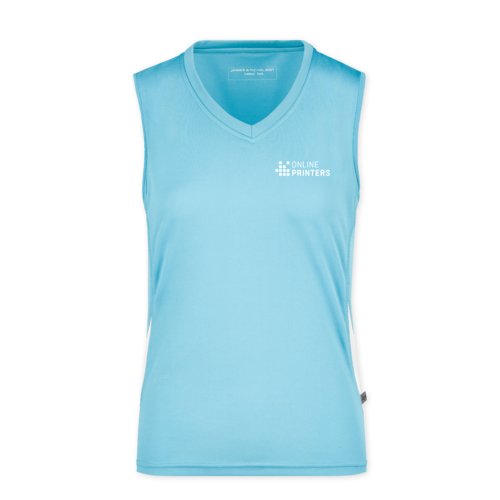 Light blue polyester women's tank top with V-neck.
